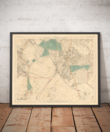 Old Colour Map of South London in 1891 - Streatham, Tooting, Mitcham, Norbury - SW17, SW16, CR4