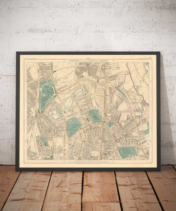 Antiguo mapa en color del norte de Londres, 1891 - Finsbury Park, Hackney Downs, Stoke Newington, Clapton - N4, N5, N15, N16, E5