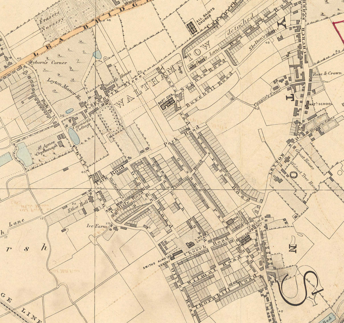 Alte Farbkarte von Nordost-London, 1891 - Walthamstow, Leyton, Wanstead, Leytonstone, Lea - E5, E10, E11, E17