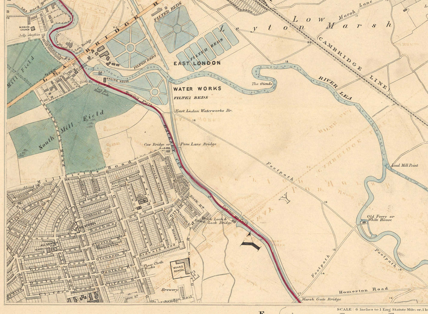 Ancienne carte en couleur du nord-est de Londres, 1891 - Walthamstow, Leyton, Wanstead, Leytonstone, Lea - E5, E10, E11, E17