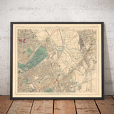 Alte Farbkarte von Ost-London im Jahr 1891 - Victoria Park, Hackney, Bow, Stratford, Tower Hamlets - E9, E20, E3, E15 