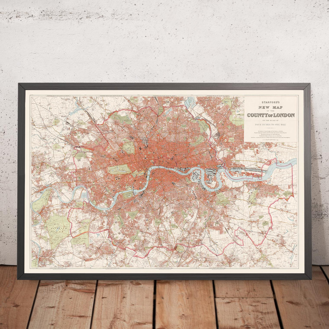 Large Wall Map of London by Stanford, 1905: Red Coloured Victorian Chart