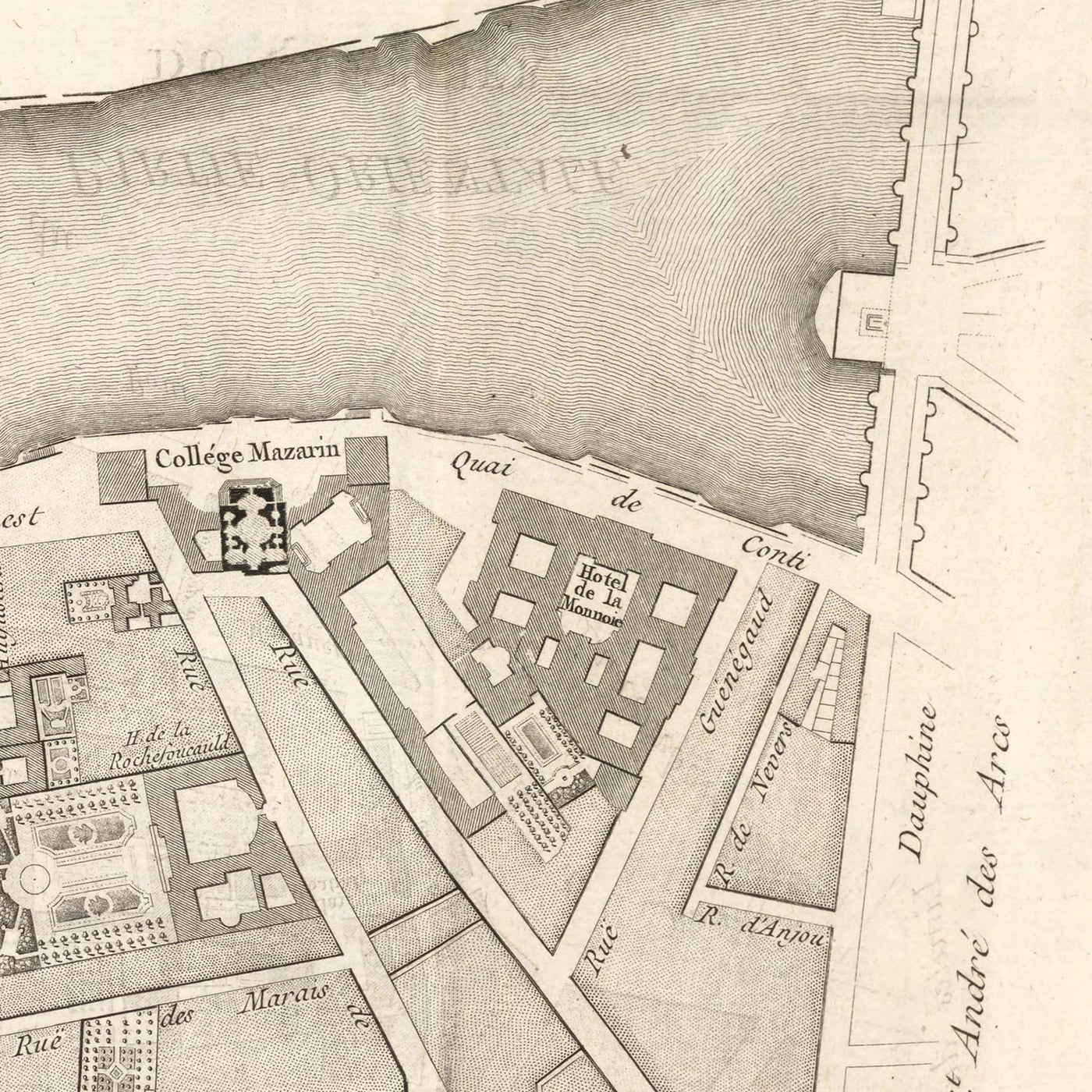 Mapa antiguo de St Germain (París) de Jean Baptise Michel Jaillot en 1775 - Sena, Point Royal, Palais Bourbon, Rue Du Bac, Caserne des Gardes