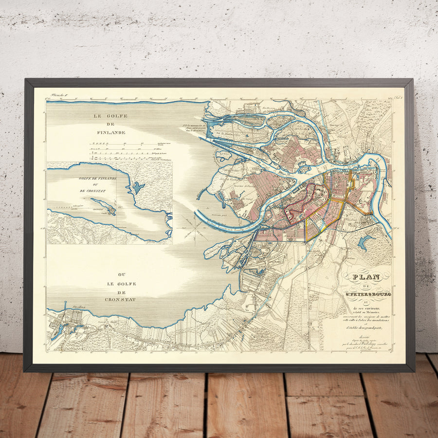 Old Map of Saint Petersburg by Wiebeking, 1840: Nevsky Prospect, Vasilievsky, Fontanka River, Embankment, 1824 Flooding
