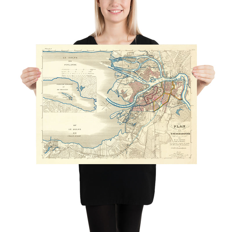 Old Map of Saint Petersburg by Wiebeking, 1840: Nevsky Prospect, Vasilievsky, Fontanka River, Embankment, 1824 Flooding