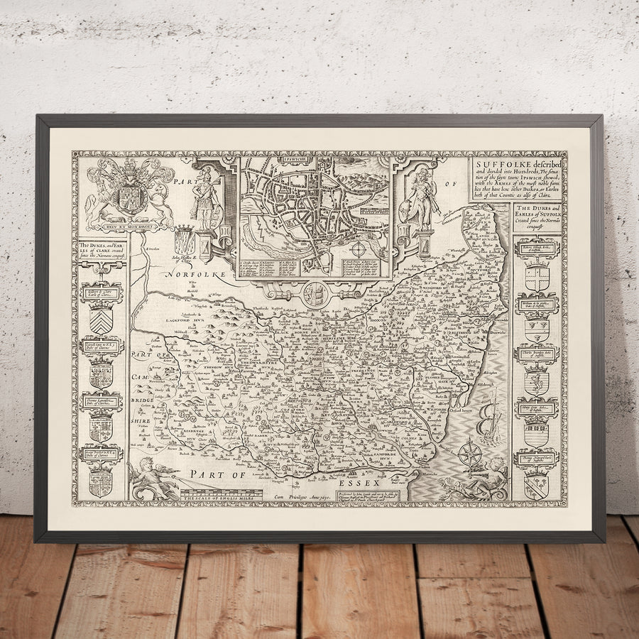 Old Monochrome Map of Suffolk, 1611 by Speed - Ipswich, Lowestoft, Bury St Edmunds, Haverhill, Felixstowe
