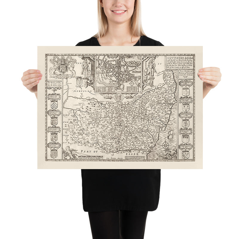 Old Monochrome Map of Suffolk, 1611 by Speed - Ipswich, Lowestoft, Bury St Edmunds, Haverhill, Felixstowe