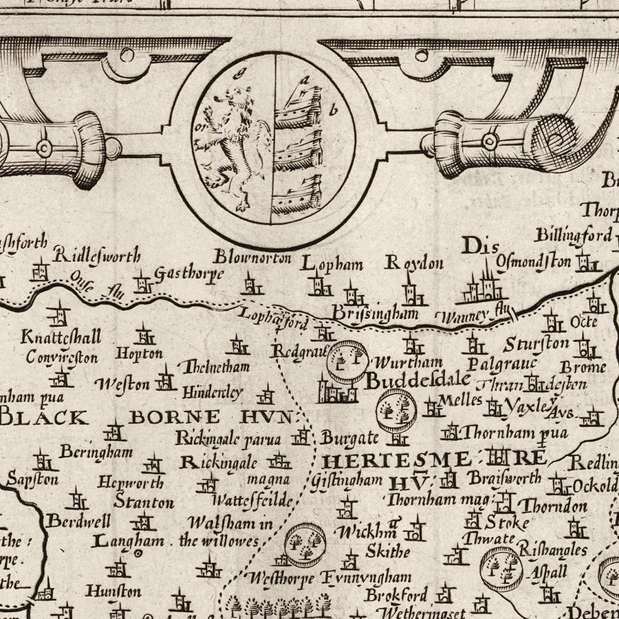 Old Monochrome Map of Suffolk, 1611 by Speed - Ipswich, Lowestoft, Bury St Edmunds, Haverhill, Felixstowe