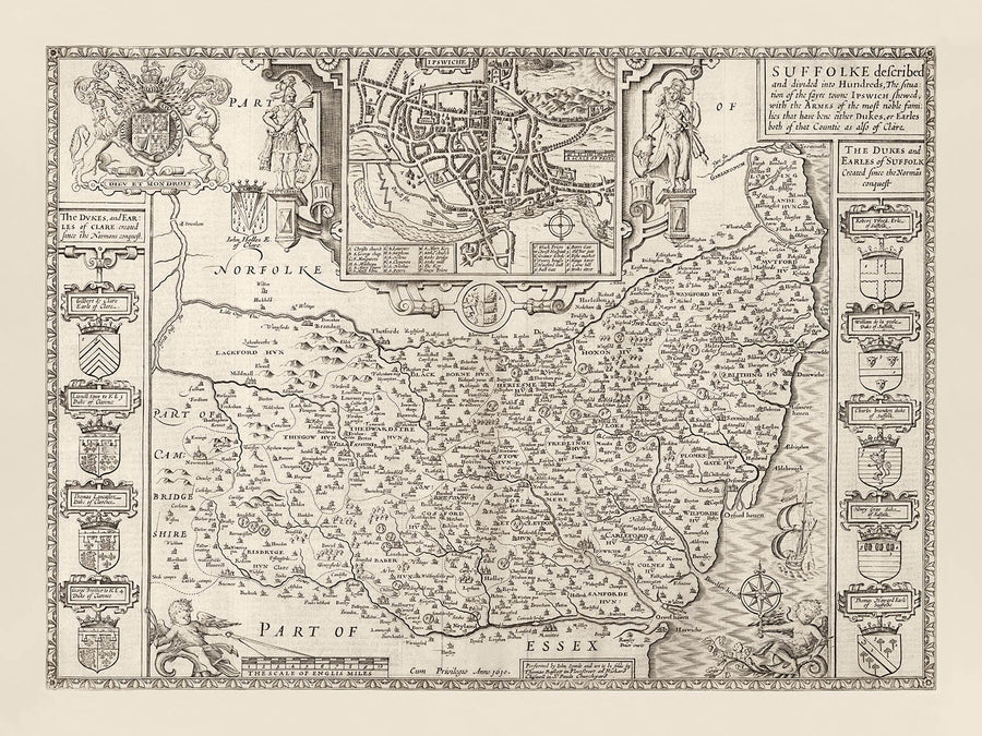 Old Monochrome Map of Suffolk, 1611 by Speed - Ipswich, Lowestoft, Bury St Edmunds, Haverhill, Felixstowe