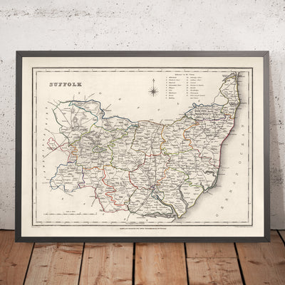Antiguo mapa de Suffolk en 1844 por Samuel Lewis - Ipswich, Woodbridge, Bury St. Edmunds, Thetford, Great Yarmouth