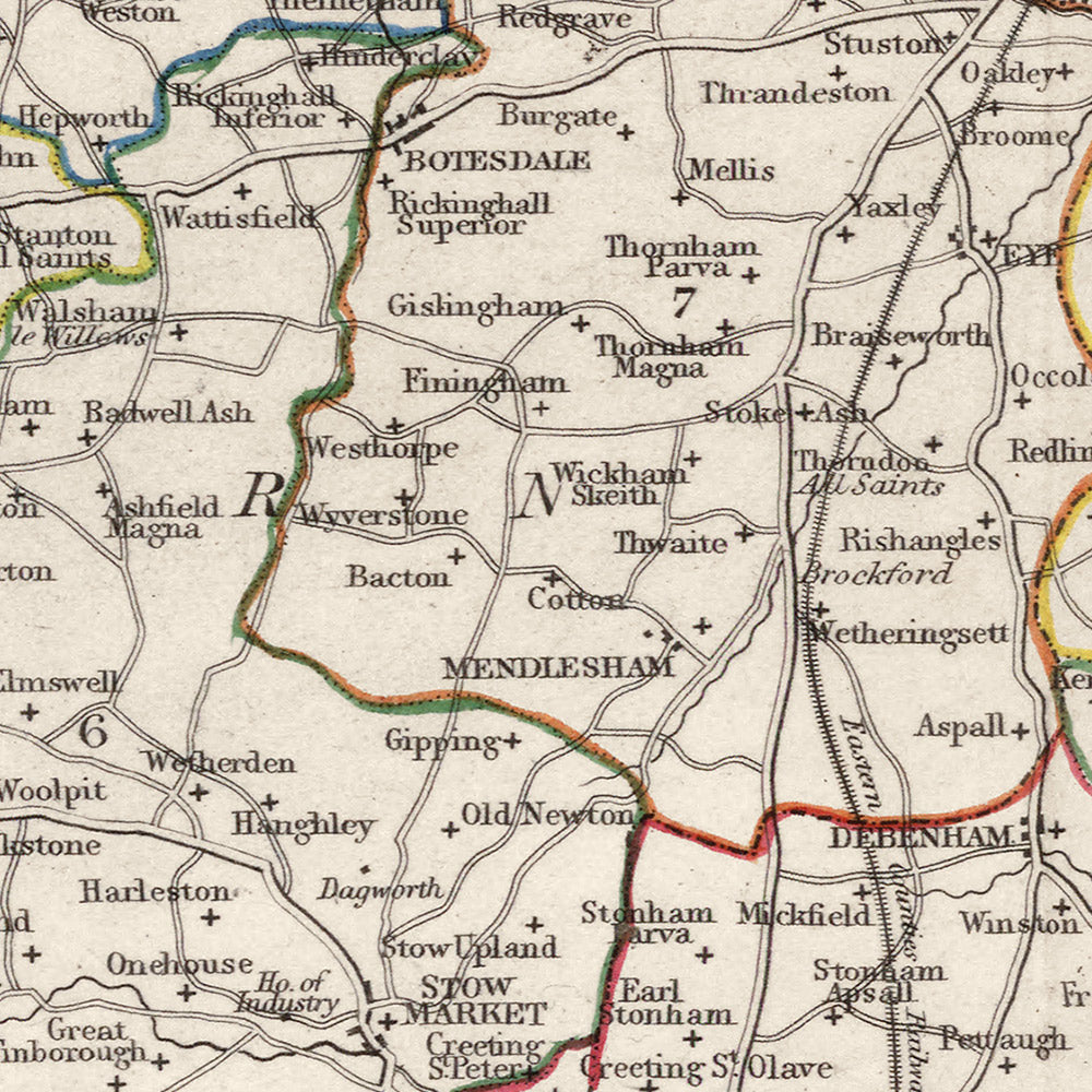 Antiguo mapa de Suffolk en 1844 por Samuel Lewis - Ipswich, Woodbridge, Bury St. Edmunds, Thetford, Great Yarmouth