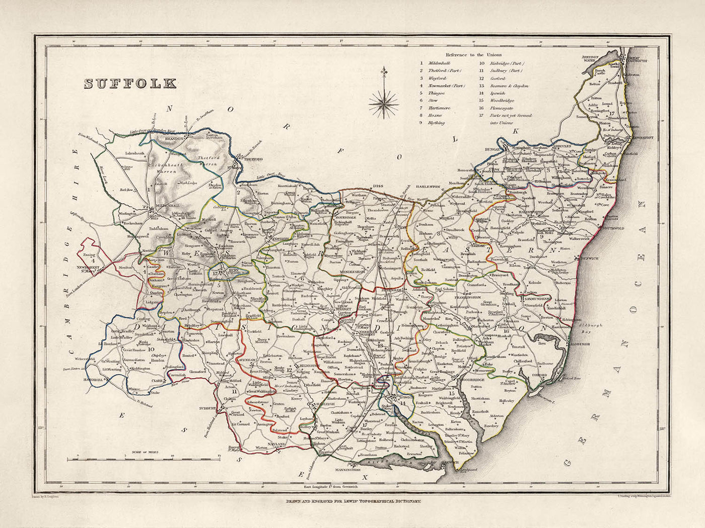 Antiguo mapa de Suffolk en 1844 por Samuel Lewis - Ipswich, Woodbridge, Bury St. Edmunds, Thetford, Great Yarmouth