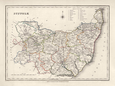 Antiguo mapa de Suffolk en 1844 por Samuel Lewis - Ipswich, Woodbridge, Bury St. Edmunds, Thetford, Great Yarmouth