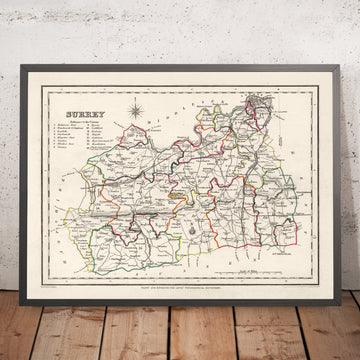 Mappa antica del Surrey di Samuel Lewis, 1844: Londra, Guildford, Woking, Ewell e Camberley 