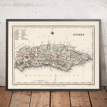 Mapa antiguo de East y West Sussex por Samuel Lewis, 1844: Brighton, Crawley, Worthing, Eastbourne y Hastings 