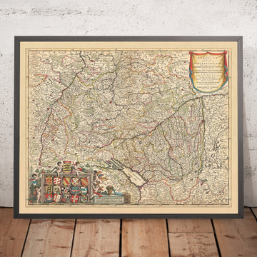 Ancienne carte du cercle souabe par Visscher, 1690 : Stuttgart, Mannheim, Augsbourg, Karlsruhe, Strasbourg