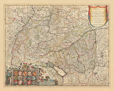 Mapa antiguo del círculo de Suabia de Visscher, 1690: Stuttgart, Mannheim, Augsburgo, Karlsruhe, Estrasburgo