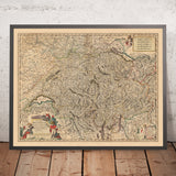 Mapa antiguo de Suiza de Visscher, 1690: Berna, Zúrich, Ginebra, Lausana, Parque Regional Gruyère Pays-d'Enhaut