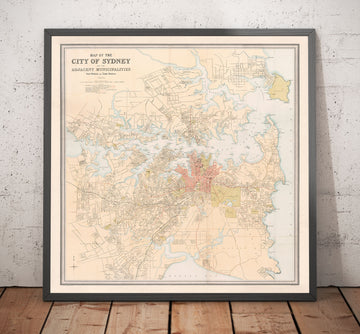 Ancienne carte de Sydney en 1890 par Bartholomew - Port Jackson, Potts Point, rivière Parramatta, Botany Bay, Darling Point