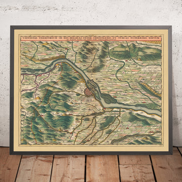 Mappa antica del territorio intorno a Vienna: Visscher, 1690: Tulln, Schwechat, Klosterneuburg, Baden presso Vienna, Lainzer Tiergarten 