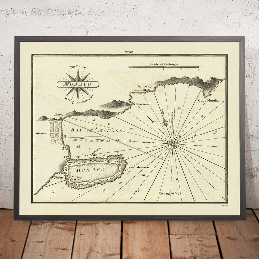 Vecchia carta nautica di Monaco di Heather, 1802: Cittadella, Fortificazioni, Fondali 