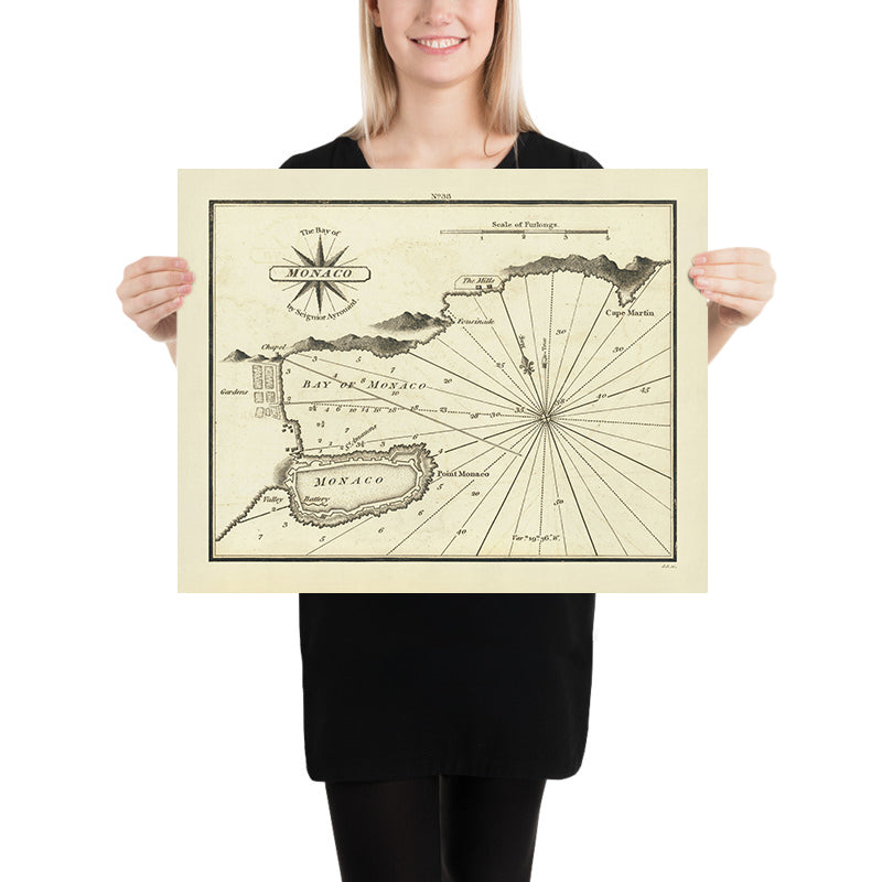 Vecchia carta nautica di Monaco di Heather, 1802: Cittadella, Fortificazioni, Fondali 