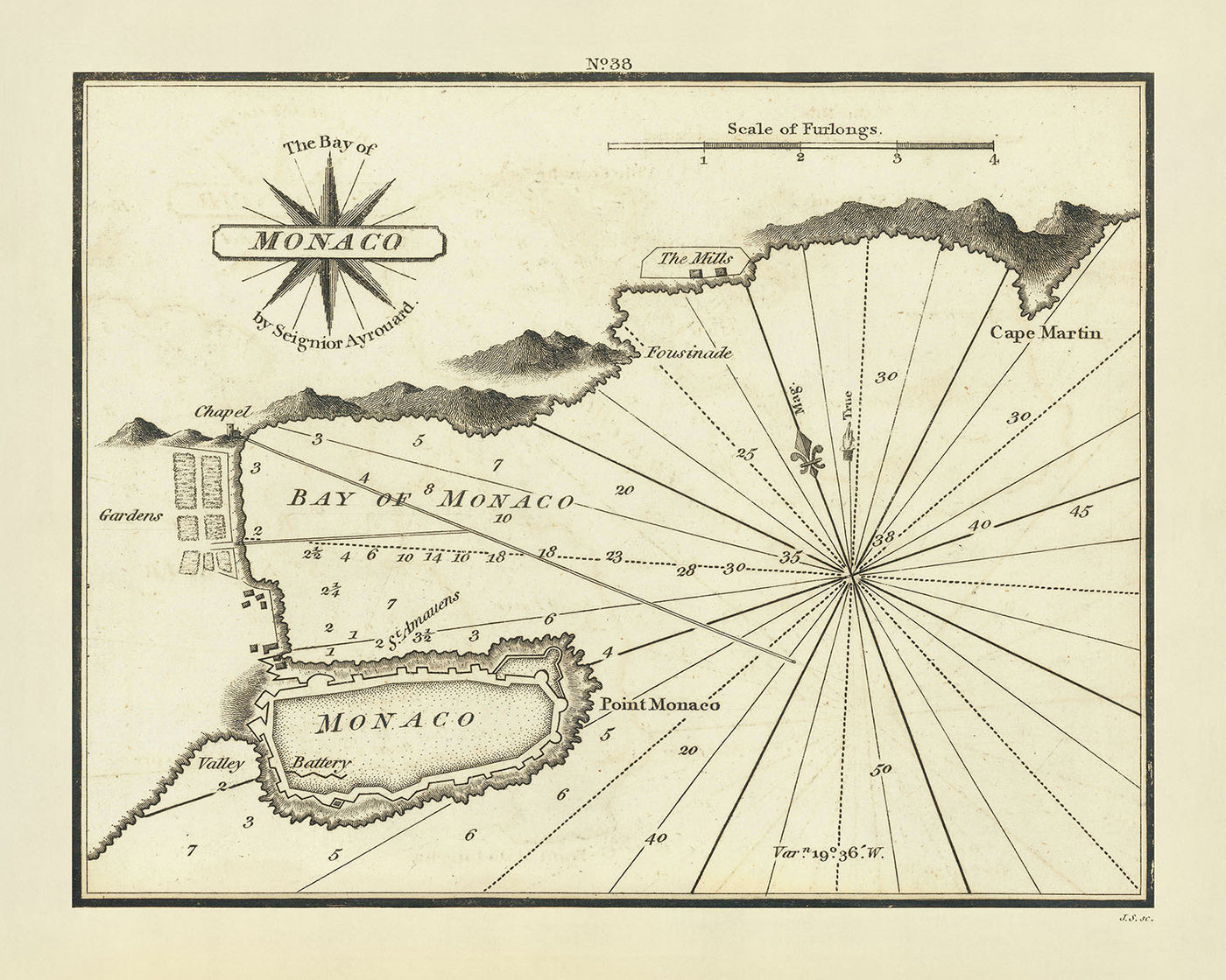 Carta náutica antigua de Mónaco de Heather, 1802: ciudadela, fortificaciones, sondeos