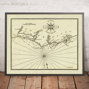 Antica mappa nautica del Delta del Nilo di Heather, 1802: Egitto, bocche del Nilo, Alessandria, Rosetta 