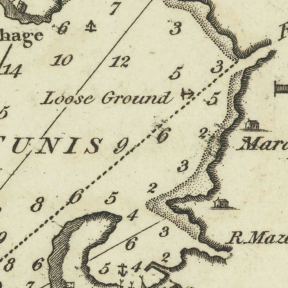 Ancienne carte marine du golfe de Tunis par Heather, 1802 : Tunis, Biserte, Port Farina
