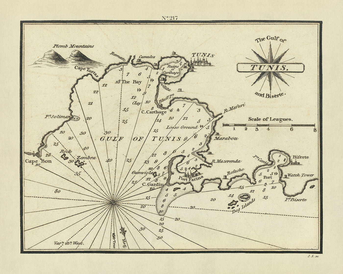 Ancienne carte marine du golfe de Tunis par Heather, 1802 : Tunis, Biserte, Port Farina