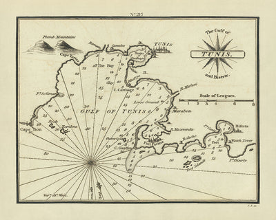 Carta náutica del antiguo golfo de Túnez de Heather, 1802: Túnez, Biserte, Port Farina