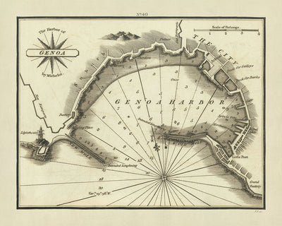 Alte Seekarte des Hafens von Genua von Heather, 1802: Lanterna, Befestigungen, seltene Ausgabe