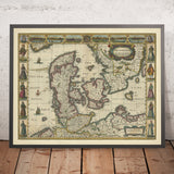 Ancienne carte du royaume du Danemark par Speed, 1626 : Copenhague, Elsinore, Hambourg, mer Baltique 