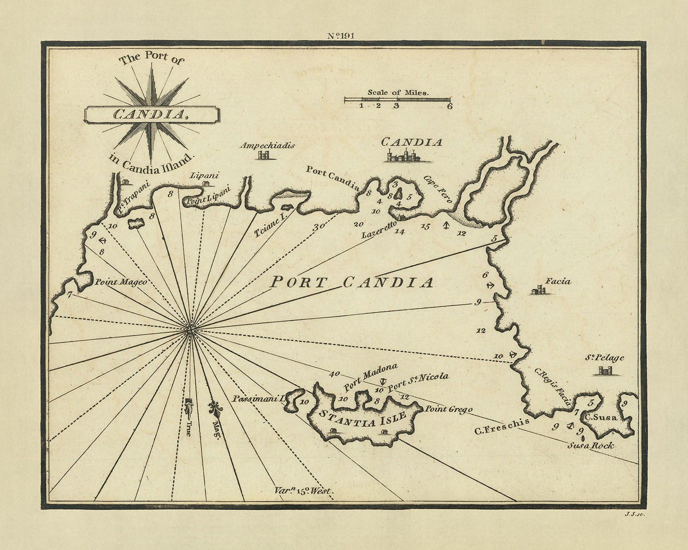 Carta náutica del antiguo puerto de Candia de Heather, 1802: Candia, Bahía de Suda, Mar Mediterráneo
