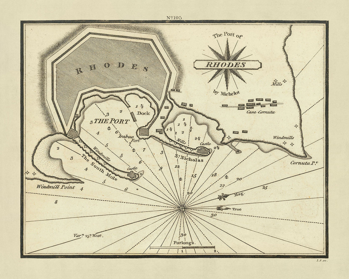 Seekarte des alten Hafens von Rhodos von Heather, 1802: Tiefenangaben, Ankerplätze, Befestigungen