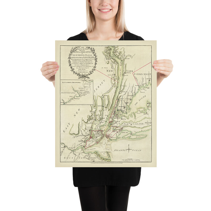 Ancienne carte infographique de la bataille de Long Island par Sayer & Bennett, 1776 : débarquement britannique, retraite américaine, présence navale