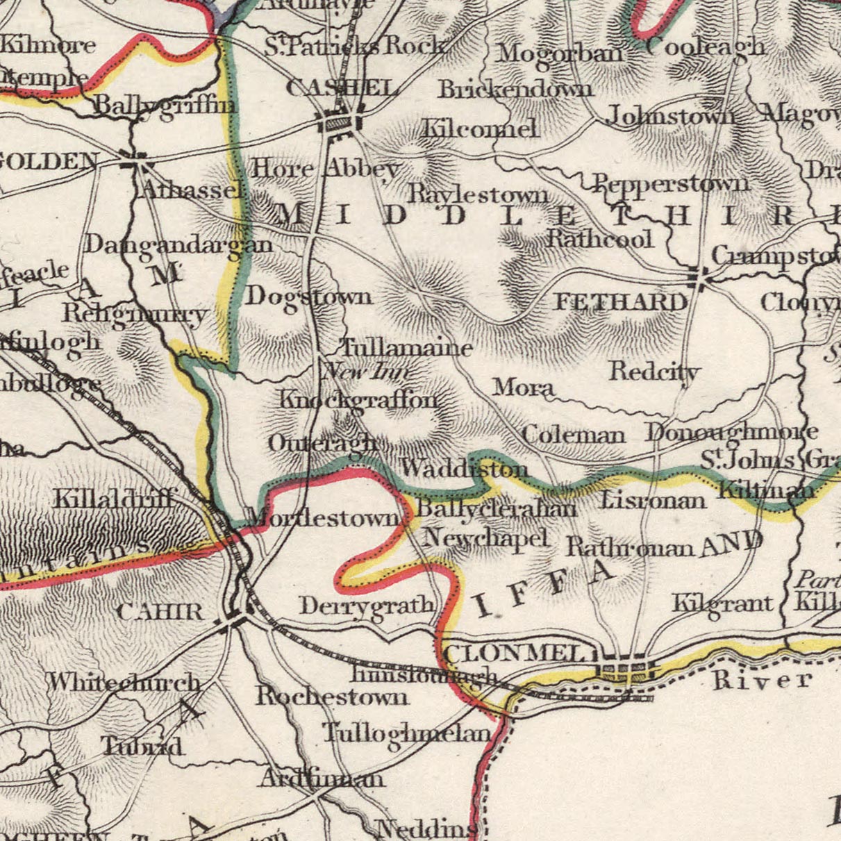 Mapa antiguo del condado de Tipperary por Samuel Lewis, 1844: Clonmel, Nenagh, Thurles, Cashel, Cahir