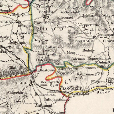 Mapa antiguo del condado de Tipperary por Samuel Lewis, 1844: Clonmel, Nenagh, Thurles, Cashel, Cahir