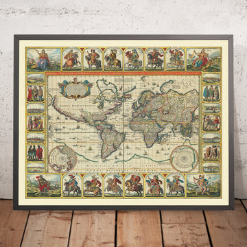 Rara mappa del mondo "Dodici Cesari" di Visscher, 1652: isole mitiche, Giulio, Augusto, Tiberio, Caligola, ecc. 