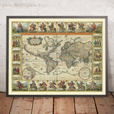 Carte mondiale rare "Douze Césars" par Visscher, 1652 : îles mythiques, Jules, Auguste, Tibère, Caligula, etc. 