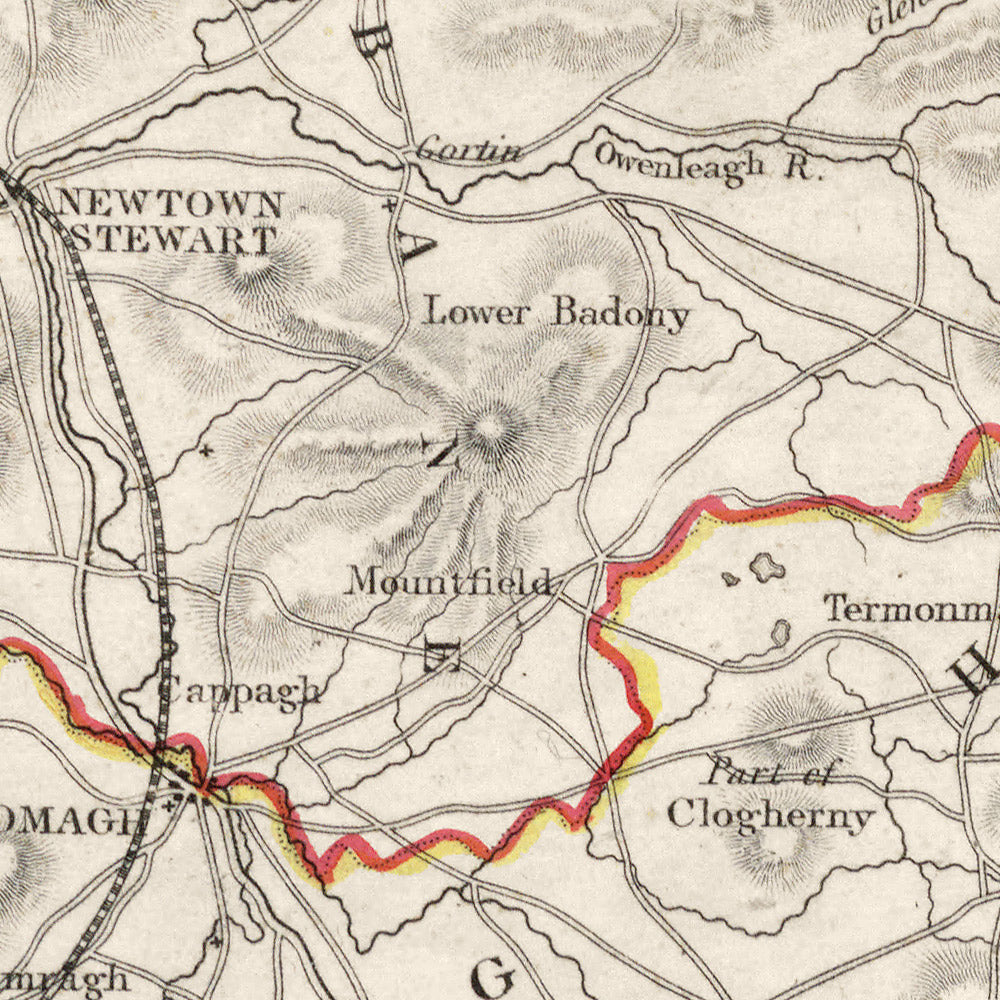 Alte Karte des County Tyrone von Samuel Lewis, 1844: Omagh, Strabane, Cookstown, Dungannon, Aughnacloy 