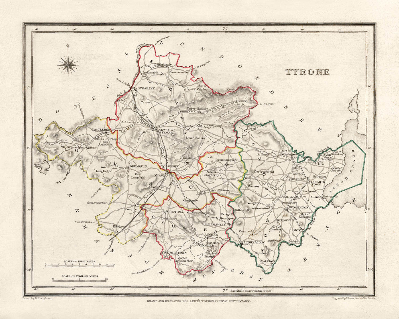 Alte Karte des County Tyrone von Samuel Lewis, 1844: Omagh, Strabane, Cookstown, Dungannon, Aughnacloy 