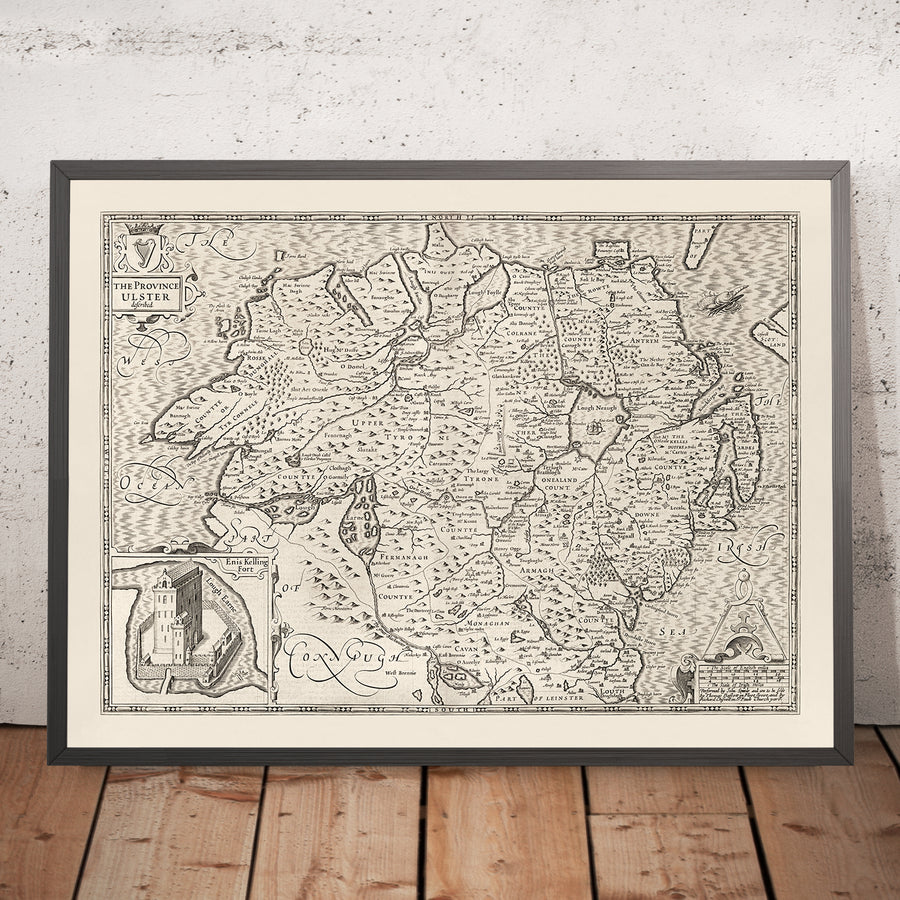 Old Monochrome Map of Ulster, Northern Ireland in 1611 by John Speed - Belfast, Derry (not Londonderry), County Antrim & Down