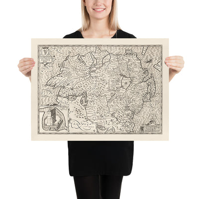 Mapa monocromático antiguo de Ulster, Irlanda del Norte en 1611 por John Speed ​​- Belfast, Derry (no Londonderry), Condado Antrim y Down