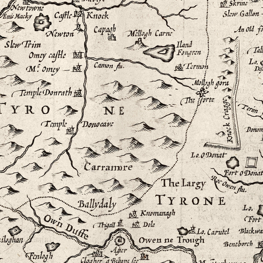 Old Monochrome Map of Ulster, Northern Ireland in 1611 by John Speed - Belfast, Derry (not Londonderry), County Antrim & Down