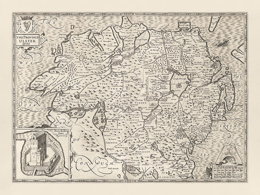 Old Monochrome Map of Ulster, Northern Ireland in 1611 by John Speed - Belfast, Derry (not Londonderry), County Antrim & Down