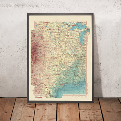 Ancienne carte du centre des États-Unis par le service topographique de l'armée polonaise, 1967 : Chicago, la Nouvelle-Orléans, les montagnes Rocheuses, le fleuve Mississippi, le Grand Canyon