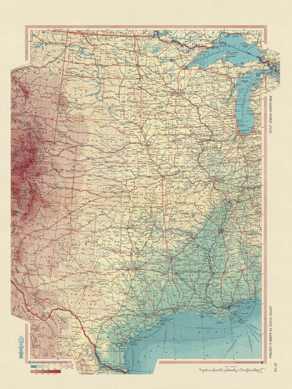 Alte Karte der zentralen USA vom polnischen Topographiedienst der Armee, 1967: Chicago, New Orleans, Rocky Mountains, Mississippi River, Grand Canyon