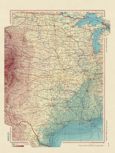 Ancienne carte du centre des États-Unis par le service topographique de l'armée polonaise, 1967 : Chicago, la Nouvelle-Orléans, les montagnes Rocheuses, le fleuve Mississippi, le Grand Canyon
