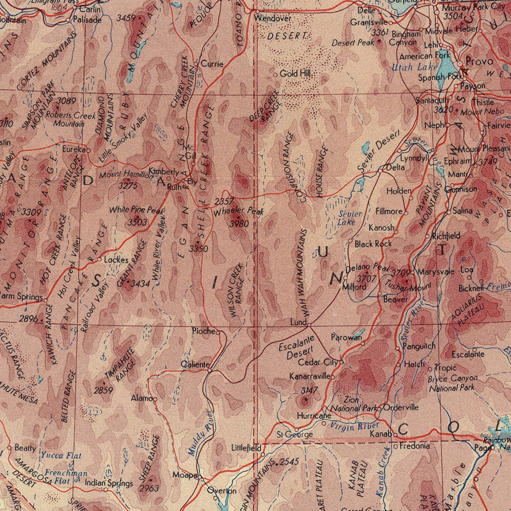 Ancienne carte de l'ouest des États-Unis, 1967 : Los Angeles, San Francisco, Yosemite, Grand Canyon, Montagnes Rocheuses